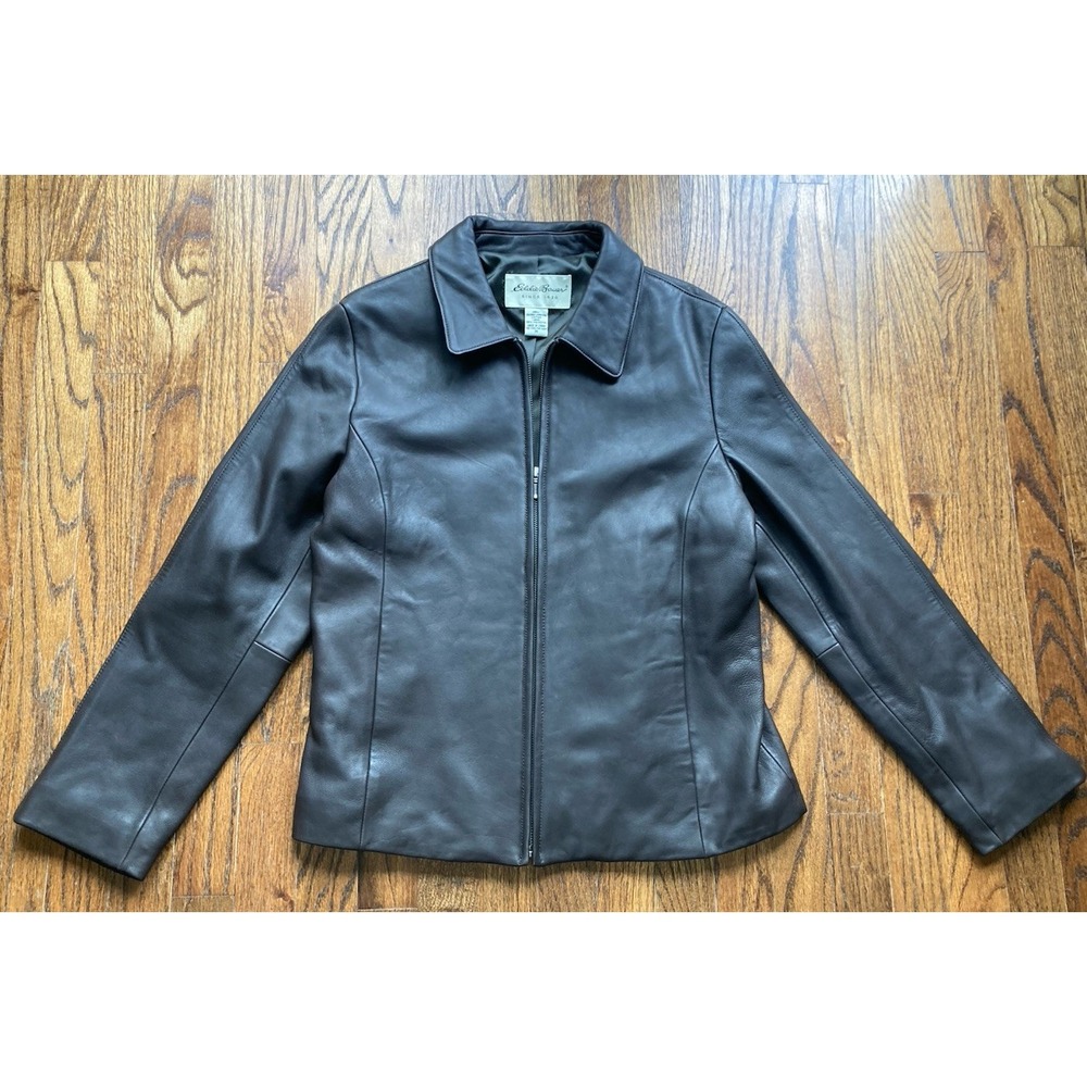 Eddie Bauer Leather Jacket Size Medium Lambskin Minimalist Midnight Brown